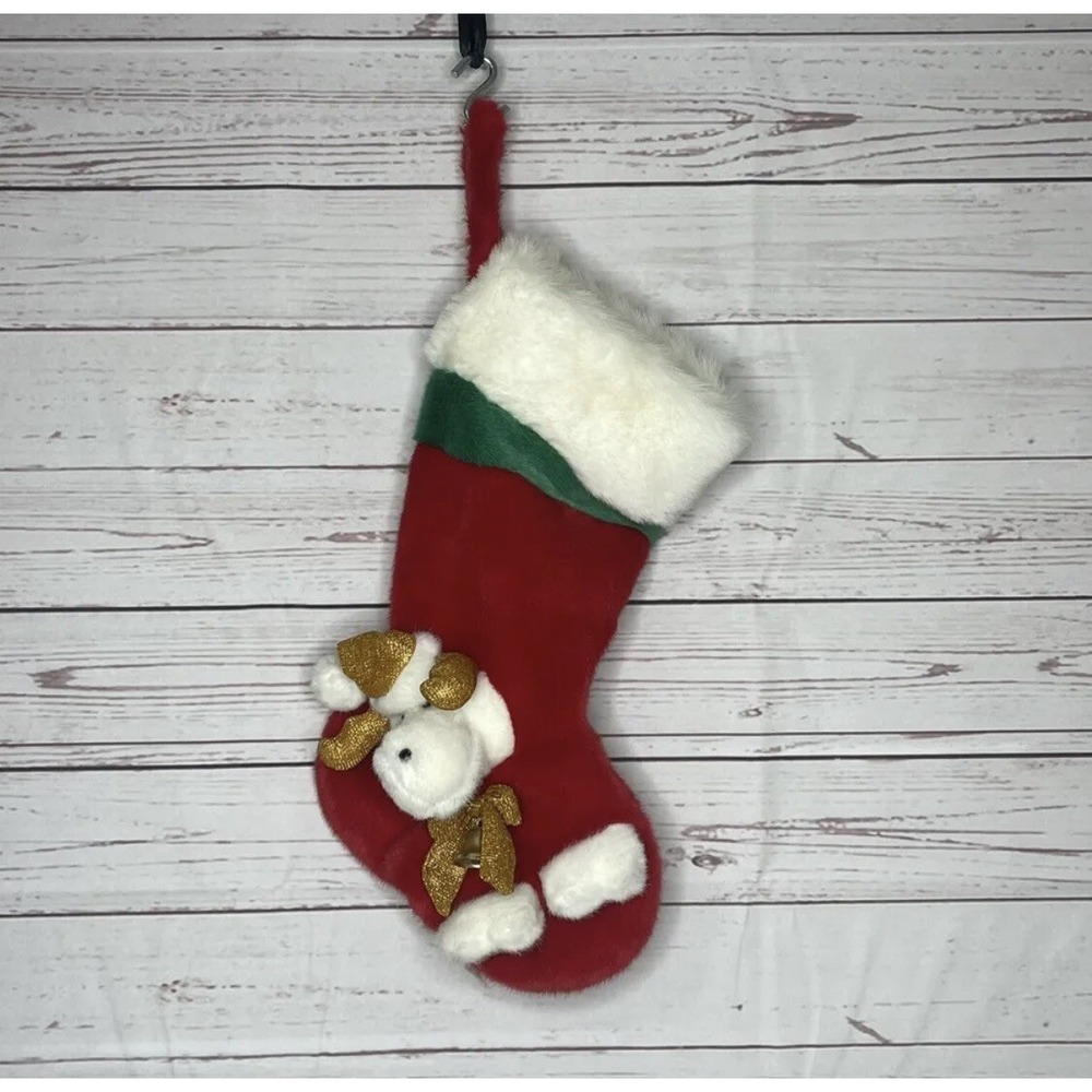 Christmas Stocking 3D Reindeer Plush Jingle Bell 15" Red Kids Holiday Decor
